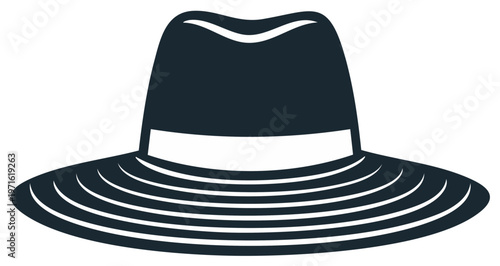 Stylized dark fedora hat icon with a white band and striped brim