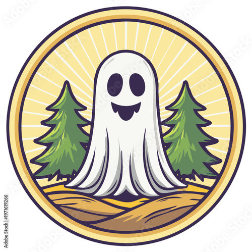 Friendly ghost mascot with spooky trees and sunburst in a round emblem
