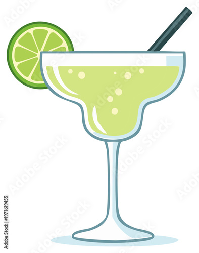 Classic Margarita Cocktail with Lime Garnish and Straw Vector Illustration