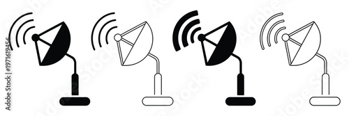 Satellite dishes in various colors and line styles communicating, satellite dish icon flat and simple set, modern communication antenna icons representing signal, connectivity, and data transmission