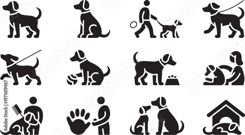 Black dog icons set various poses and activities with people