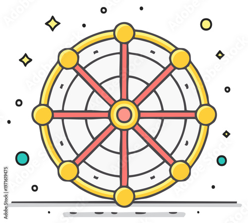 Colorful Illustration of a Buddhist Dharma Wheel Design Element