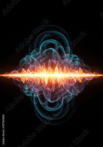 Abstract digital rendering showing complex interwoven frequencies and vibrant energy waves forming a unified, oscillating field pattern, digital, Abstract, pattern