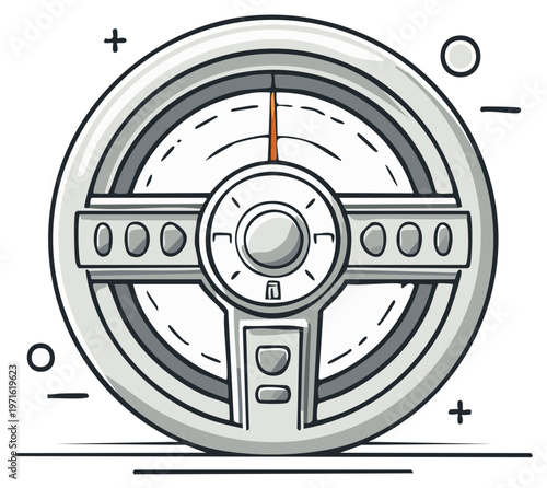 Modern Steering Wheel Illustration for Transportation Navigation featuring Chrome Details and a Central Gauge