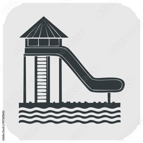 Water Slide Structure with Ladder and Tower in a Recreational Aqua Park with Water Waves Silhouette