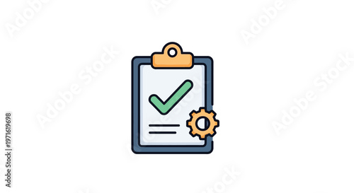 Clipboard with checkmark and gear icon.