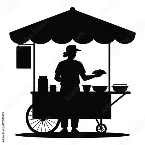 A black silhouette depicts a street vendor selling food from a small cart with an awning silhouette