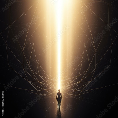 Abstract visualization of spiritual transcendence, showing bright light breaking through dark geometry and rising infinitely upward into an unknown space, energy, beyond, geometry