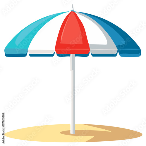 Brightly Colored Beach Umbrella Standing on Sand Providing Shade on a Sunny Day