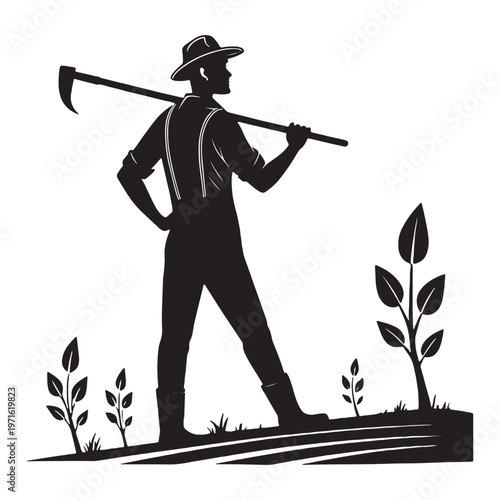 Farmer Silhouette With Hoe Agricultural Worker