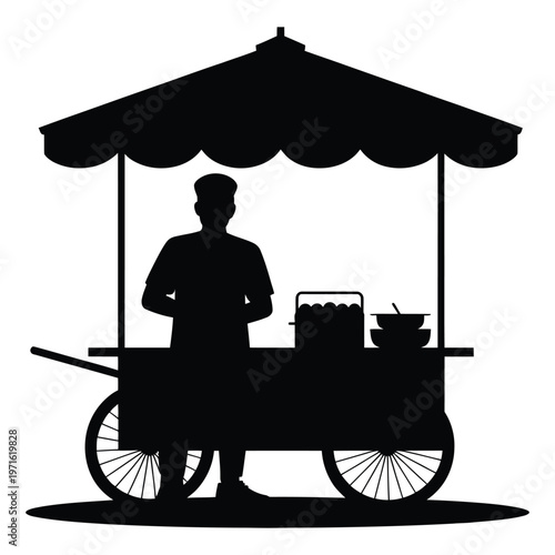 A black silhouette depicts a street vendor selling food from a small cart with an awning silhouette