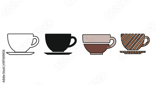 Four variations of a teacup and saucer showcasing different designs