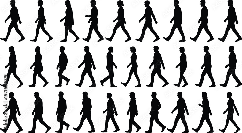 Fototapeta premium A grid of black silhouettes showing people walking in three rows.
