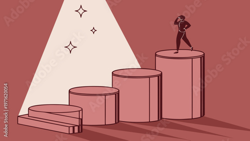 A person stands atop a series of cylindrical platforms illuminated by light