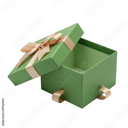 Small green gift box with wooden handle and hinged lid open