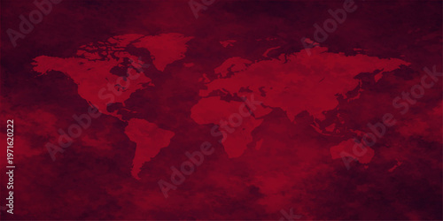 An old world map illustration showing the earth's global continents like Europe, Asia, and America on a red background featuring a stylized atlas vector for travel and geography