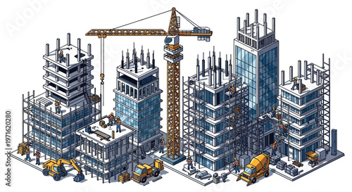 Detailed illustration of a bustling cityscape under construction