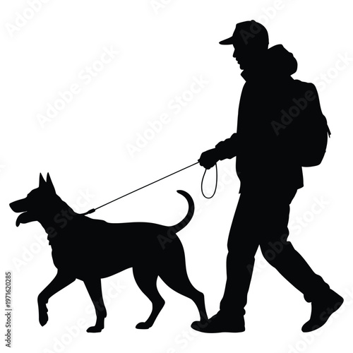 A man walks his dog on a leash depicted as a striking black silhouette