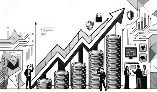 The image shows an upward-pointing arrowhead above a stack of coins, with security icons and clear graphs, symbolizing business growth and financial security.