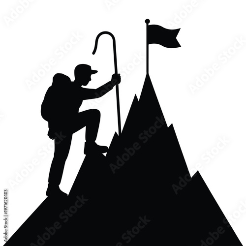 A determined figure reaches the peak of a mountain raising a flag a striking silhouette