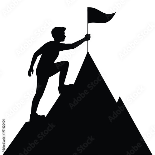 A determined figure reaches the peak of a mountain raising a flag a striking silhouette