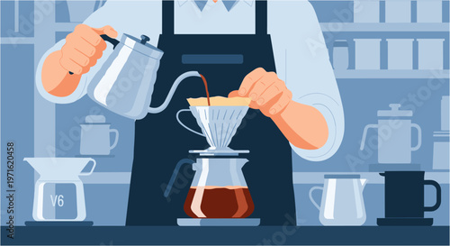 A skilled barista meticulously pours hot water from a stylish gooseneck kettle over ground coffee beans in a pour-over dripper, brewing a fresh cup of artisanal coffee in a modern cafe setting.