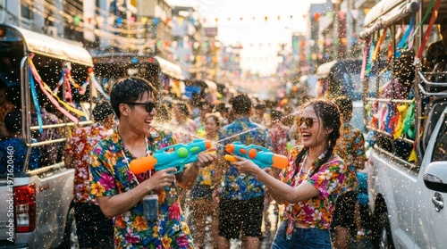 Joyful songkran festival water fight thailand summer celebration urban environment festive viewpoint