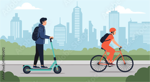 Two people engaged in eco-friendly urban transportation, one riding an electric scooter and the other cycling, against a modern city skyline.