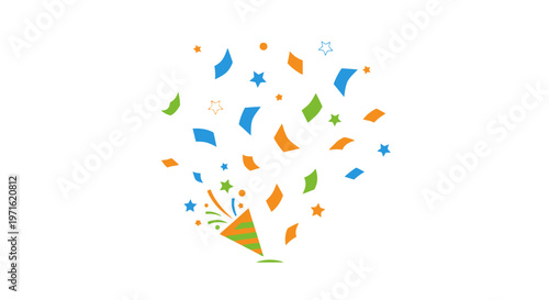Colorful confetti bursting from party popper on white background