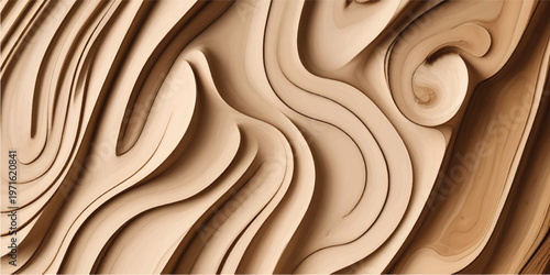 Abstract Carved Wood Texture Background with Layered Wave Pattern Natural Wooden Panel Surface 3D Wood Design