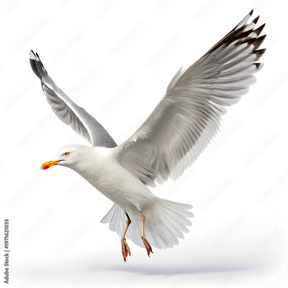 Fototapeta premium Seagull in flight with white background and open wings soaring