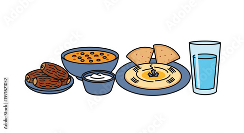 Delicious middle eastern meal with hummus dates and water illustration