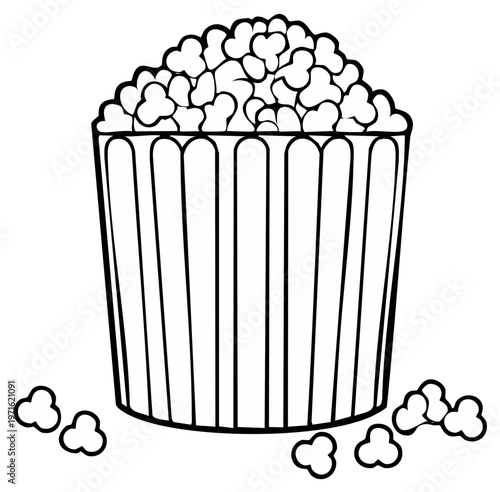Hand-drawn illustration of a bucket overflowing with popcorn kernels and stray kernels scattered around.