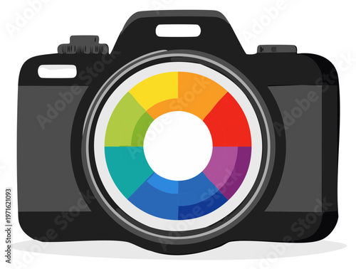 Digital Camera with Colorful Spectrum Lens Representing Creative Photography and Image Quality
