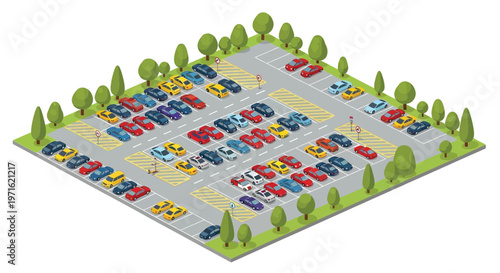 Isometric view of a busy parking lot filled with colorful cars