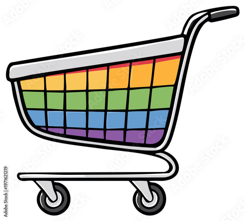 Rainbow colored shopping cart on a white background with grocery symbol for inclusion or social justice cause