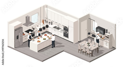 Isometric illustration of a bustling professional kitchen and dining area