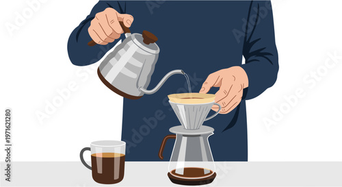 A person meticulously pours hot water from a stylish gooseneck kettle into a coffee dripper, preparing a fresh, aromatic brew with precision.