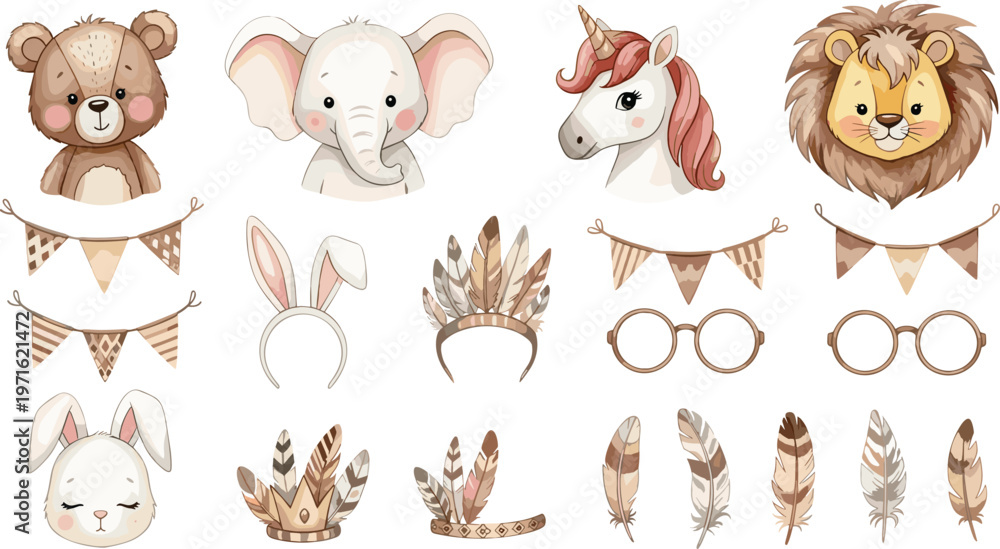 Obraz premium Cute Animal Heads and Accessories Set with Bear, Elephant, Lion, Unicorn, and Bunny for Kids' Room, Nursery, and Baby Shower Designs