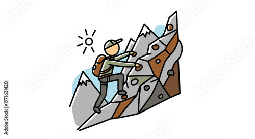 Determined Hiker Climbing a Rocky Mountain Outdoors Under the Sun