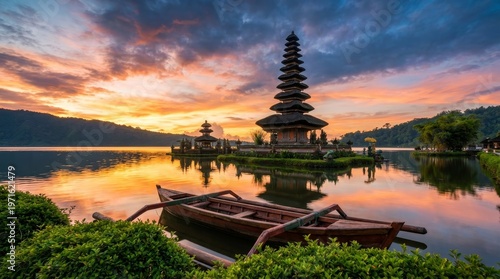 Serene ulun danu bratan temple at sunrise bali's scenic lake landscape
