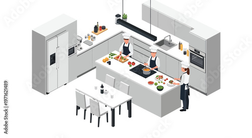 Isometric illustration of chefs preparing food in a modern kitchen setting