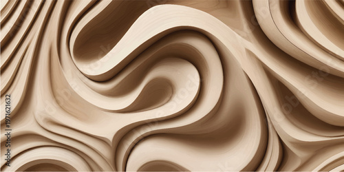 Artistic wooden relief pattern, smooth flowing panels, natural oak and walnut texture