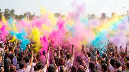 Vibrant holi festival color powder explosion in spring celebration joyful crowd experience
