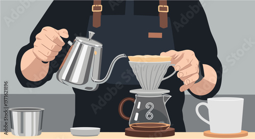 A barista meticulously prepares a fresh pour-over coffee, showcasing the artisanal brewing process with precision and care.