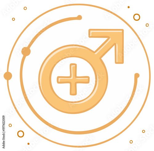 Orange male gender symbol with a plus sign inside a circle with orbiting elements