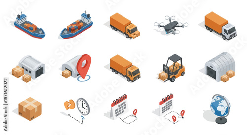 Isometric logistics icons depicting transport warehousing and global delivery