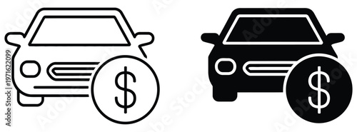 Car with dollar sign icon set vector icon set line and glyph solid icon set, auto finance and vehicle payment symbols collection, car purchase cost and loan money icon design