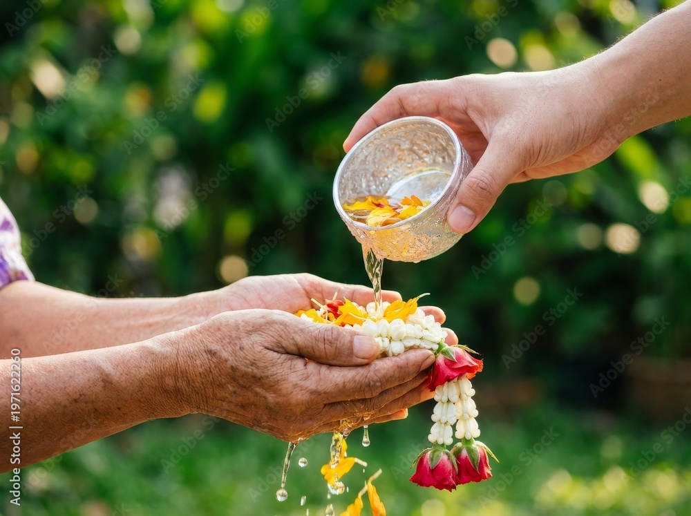 Fototapeta premium Songkran water blessing a cultural celebration of respect for elders