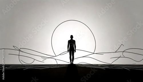 Silhouette of a person standing in front of a circular abstract pattern.